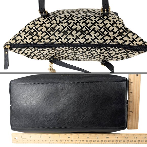 Tommy Hilfiger Black Gray Canvas Jacquard Faux Leather Large Zip Tote - Picture 4 of 8